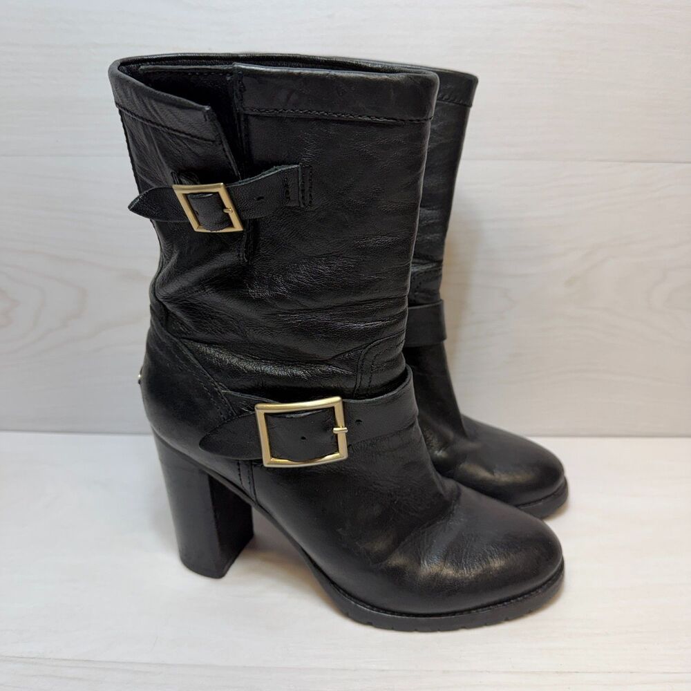 Jimmy Choo Dart Biker Boots Women's Size 39 Black Leather Mid-Calf Buckle Straps